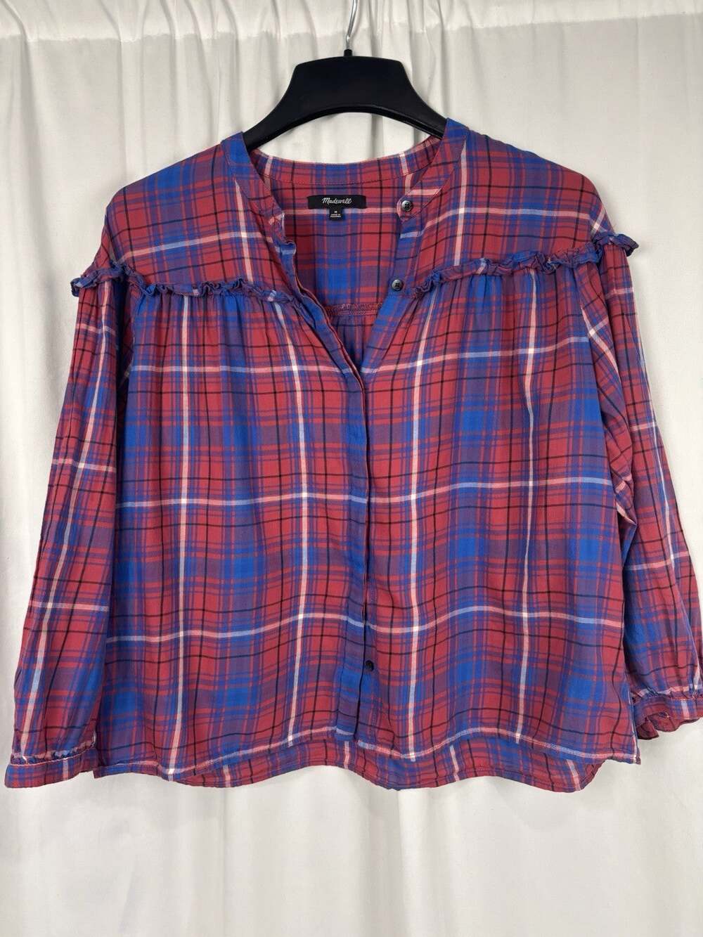 Madewell Women’s Red Blue Plaid Button Up Shirt Size M Ruffle Feminine Western